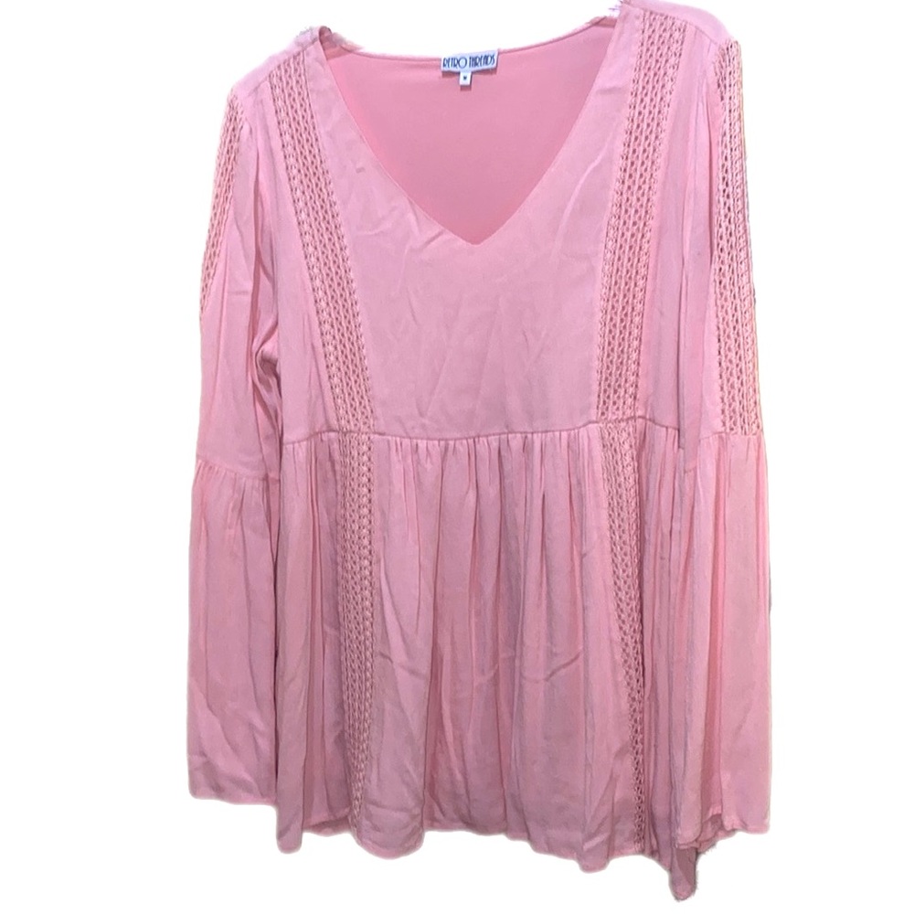 RETRO THREADS PINK PEASANT TOP, CROCHET DECOR SLEEVES/FRONT, SZ M